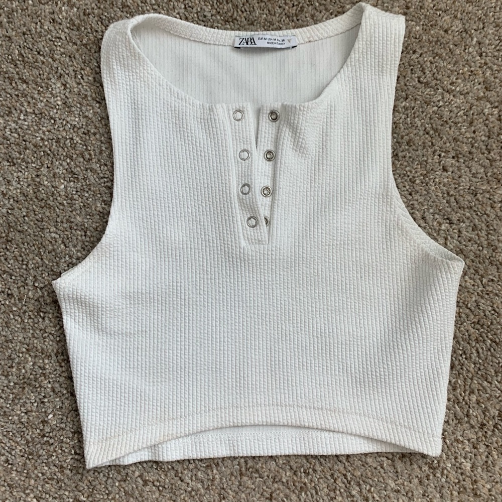 Zara Ribbed White Tank Crop Top with Snap Buttons